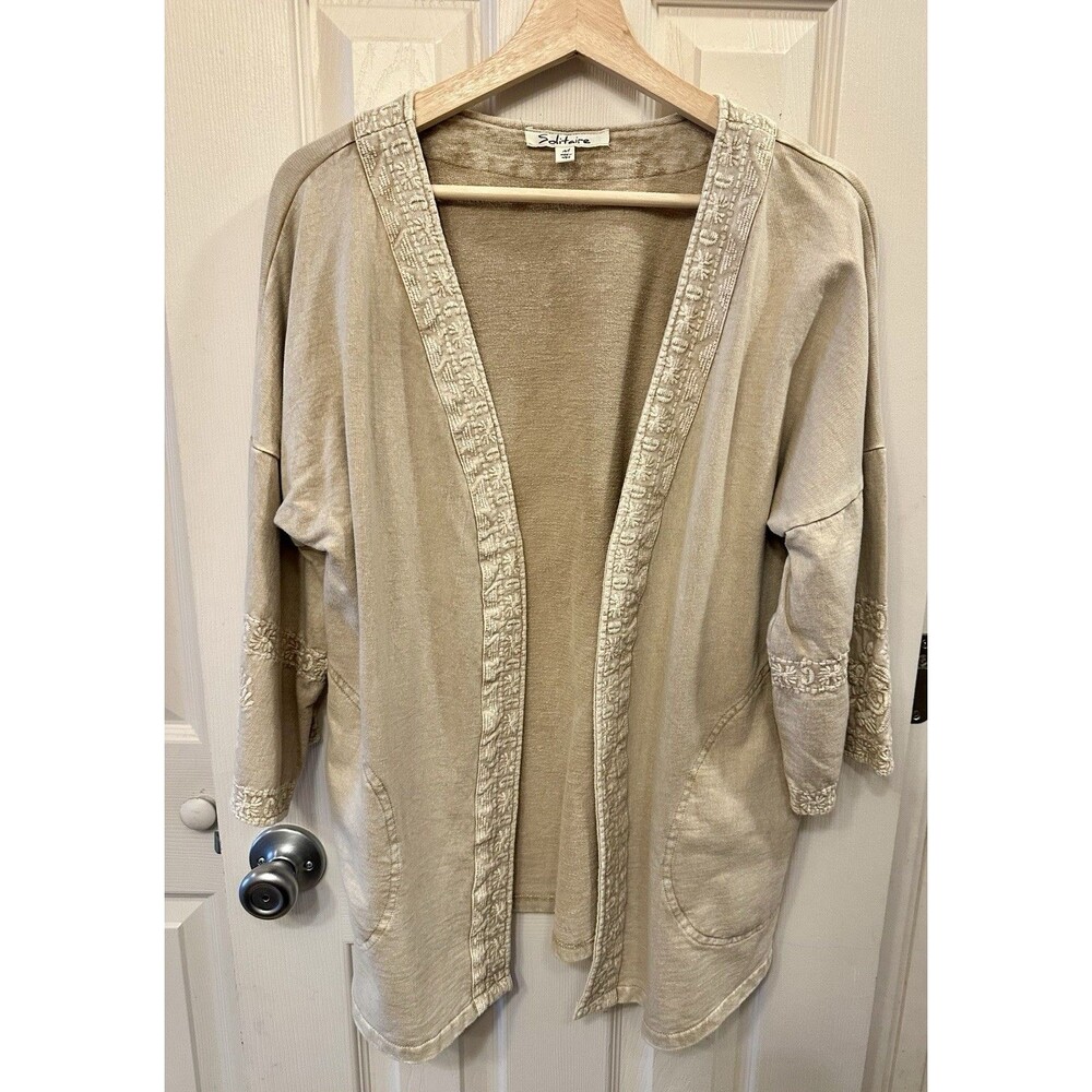 Solitaire Cardigan Open Front 100% Cotton Embroidered Boho Light Brown Sz Medium